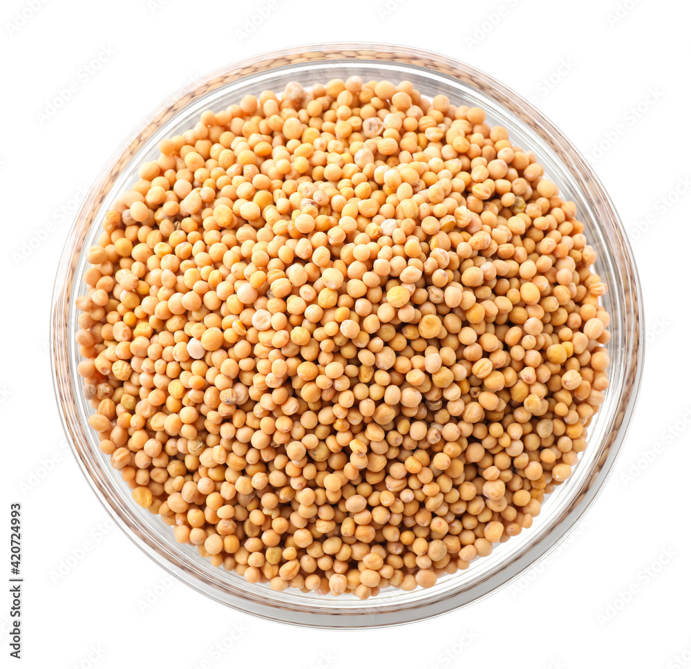 Mustard seeds in bowl isolated on white, top view Mustard seeds in bowl isolated on white, top view