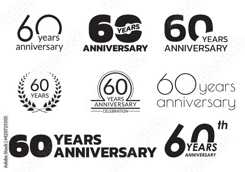 60 years anniversary icon or logo set. 60th birthday celebration badge or label for invitation card, jubilee design. Vector illustration.