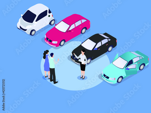 Car Loan vector concept: Couple looking at showroom approved car