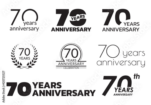 70 years anniversary icon or logo set. 70th birthday celebration badge or label for invitation card, jubilee design. Vector illustration.