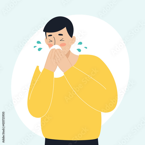 The sick man has a runny nose, sneezing. The concept of sick people, fever, colds and viral diseases, coronaviras, covid. Illustration in flat style