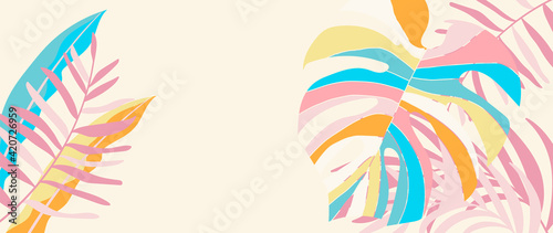Abstract art nature background vector. Modern shape line art wallpaper. Boho foliage botanical tropical leaves and floral pattern design for summer sale banner , wall art, prints and fabrics.