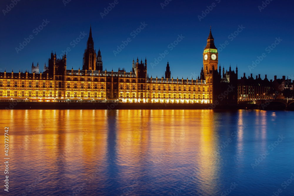 London's Palace of Westminster photographed from across the Thames River at dusk. London's Palace of Westminster photographed from across the Thames River at dusk.