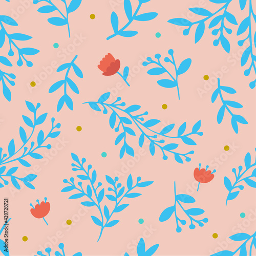 Seamless ethnic floral pattern. Blue herbs on beige background