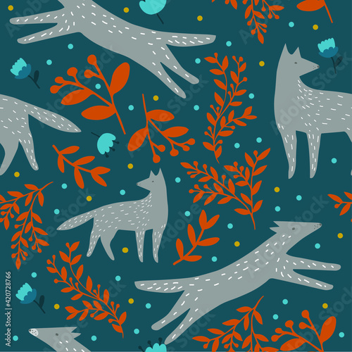 Ethnic wolf seamless pattern in vintage style on emerald background. Country fabric print texture. Hand drawn forest vector. 