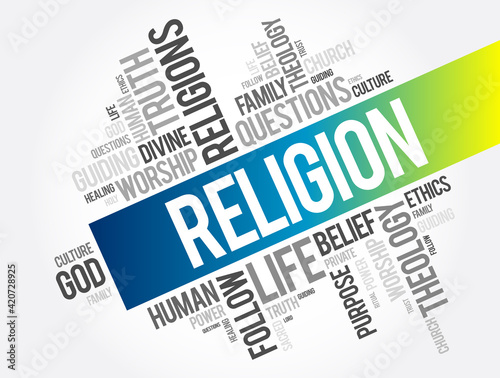 Religion word cloud collage, social concept background