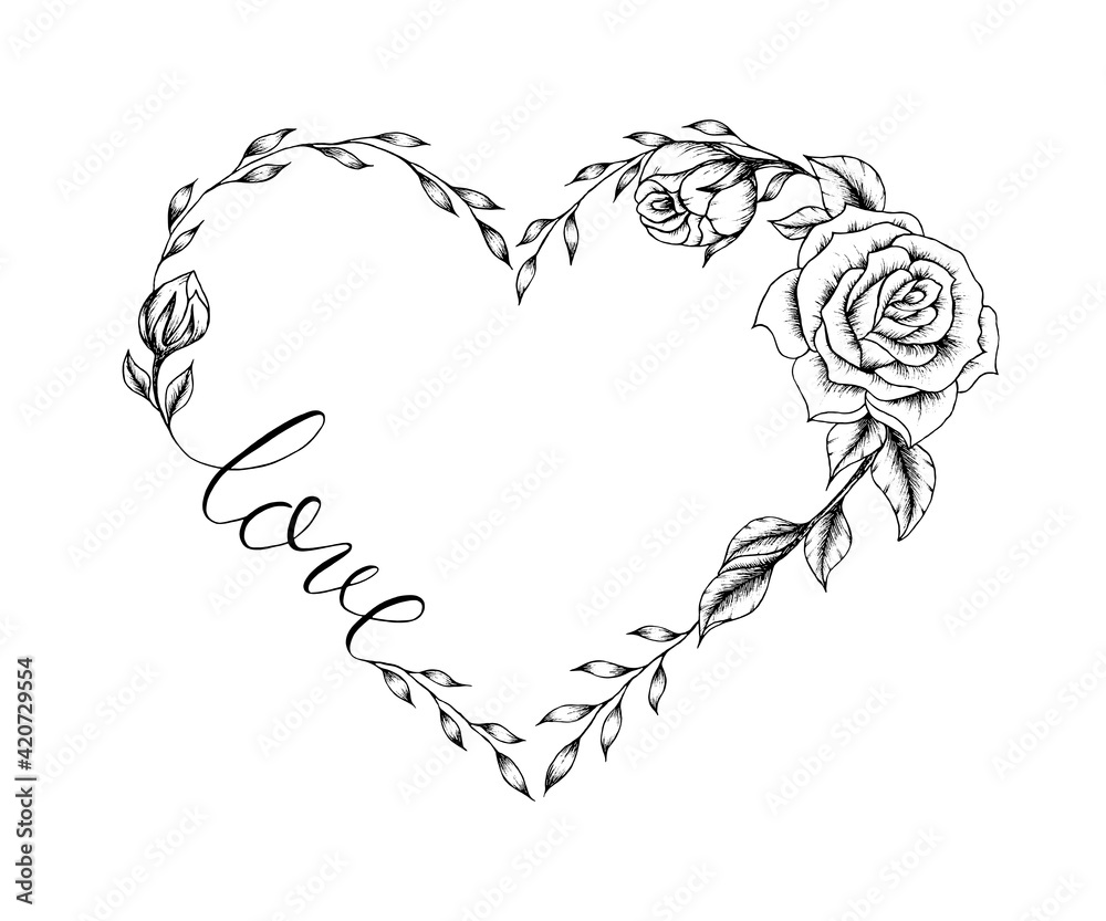 Fine line heart with rose flowers isolated on white, hand drawn line art heart illustration for wedding designs, love concept design with outline botanic heart Fine line heart with rose flowers isolated on white, hand drawn line art heart illustration for wedding designs, love concept design with outline botanic heart