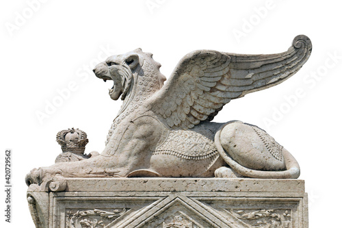 big old beautiful white stone marble statuary of big griffin or lion with wings in geneva isolated on white background