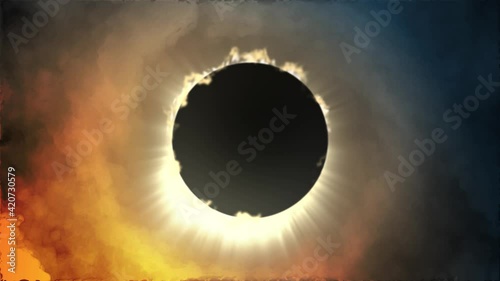 Amazing scientific background - total solar eclipse in dark red and dark blue glowing sky, supernatural phenomenon, the moon passes between the planet Earth and the Sun photo