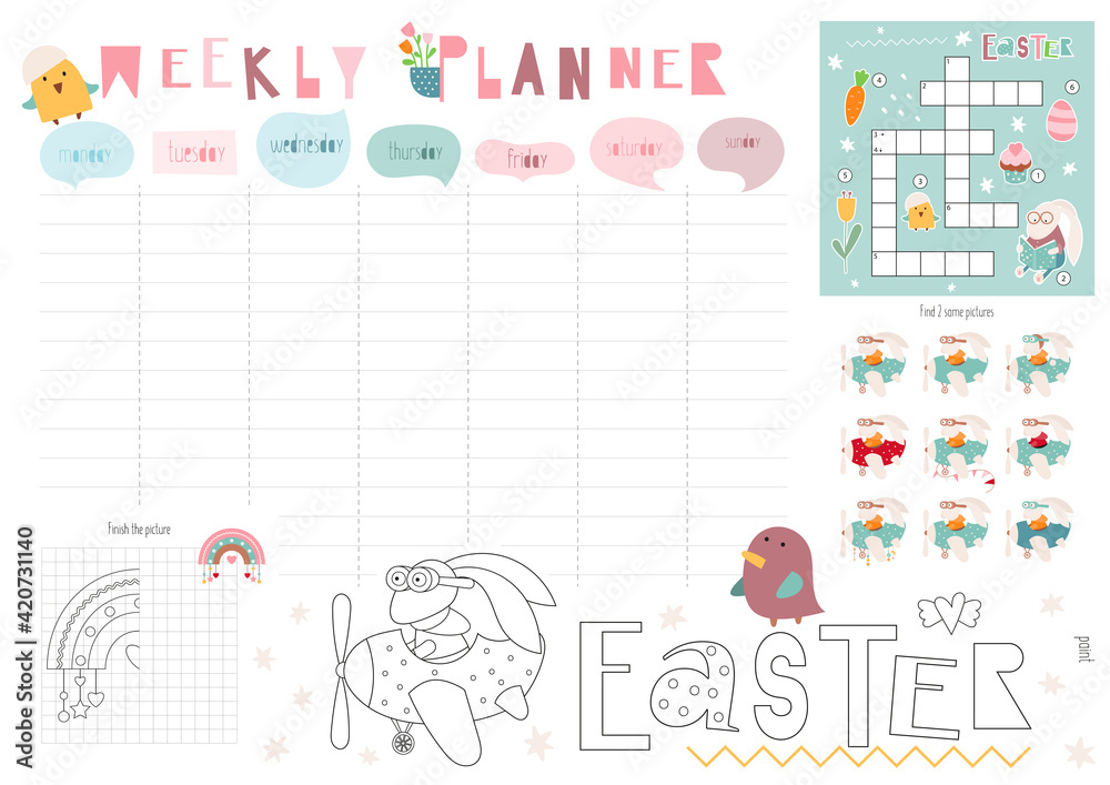 Easter weekly planner with cute Easter bunny in cartoon style. Kids schedule design template. Included mini games - maze, coloring page,  find same pictures. Vector illustration.