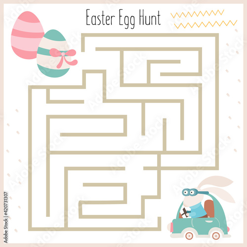 Maze game for kids. Help the Easter bunny get to Easter eggs. Vector illustration. Worksheet for education.