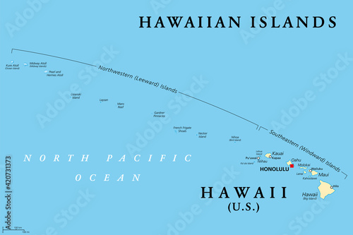 Hawaiian Islands, political map. U.S. state of Hawaii with capital Honolulu and the unincorporated territory Midway Island. Archipelago in North Pacific Ocean. Sandwich Islands. Illustration. Vector. photo