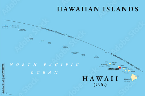 Hawaiian Islands, political map. U.S. state of Hawaii with capital Honolulu and the unincorporated territory Midway Island. Archipelago in North Pacific Ocean. Sandwich Islands. Illustration. Vector.