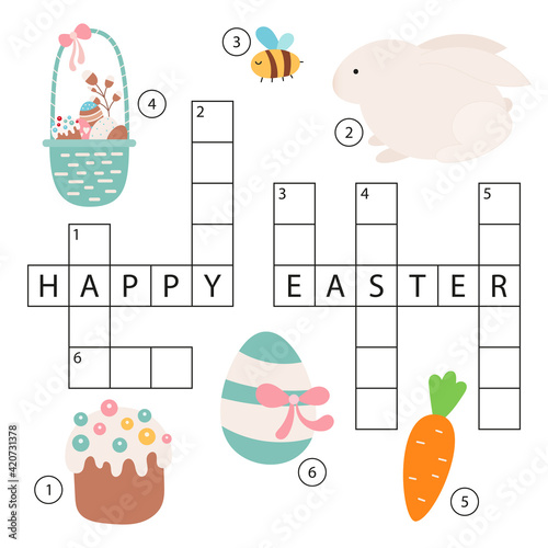 Easter crossword in English. Puzzle game with Easter characters and symbols – bunny, bee, Easter basket, cake, easter egg, carrot. For children in elementary and middle school. Vector illustration.