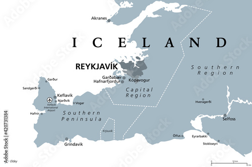 Iceland, Capital Region and Southern Peninsula, gray political map. Reykjavik and vicinity, with Reykjanes Peninsula, a region in southwest Iceland and important cities and towns. Illustration. Vector photo