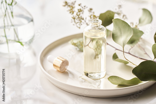 Bottle and pipette of essential oil near plant on plate
