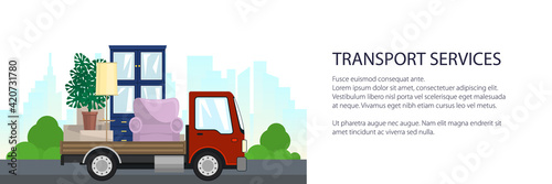 Freight truck is transporting furniture on the background of the city, banner of transport services and logistics, vector illustration