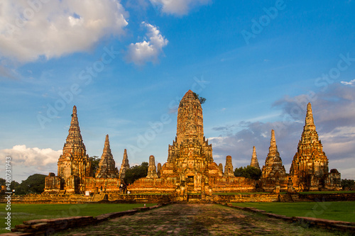 Ayutthaya temple during the sunset, empty with no people around and with blue sky