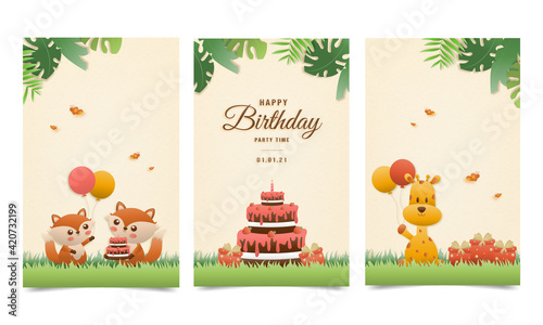 Invitation birthday greeting card with a cute animal. jungle animals celebrate children's birthday and template invitation paper art style vector illustration.