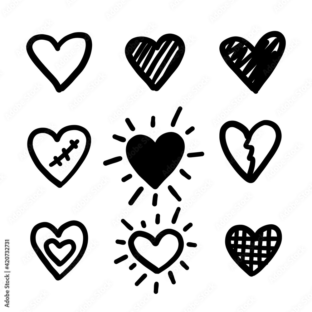 Doodle hearts. Love hand drawn cute line heart set. Vector shapes. Doodle hearts. Love hand drawn cute line heart set. Vector shapes.