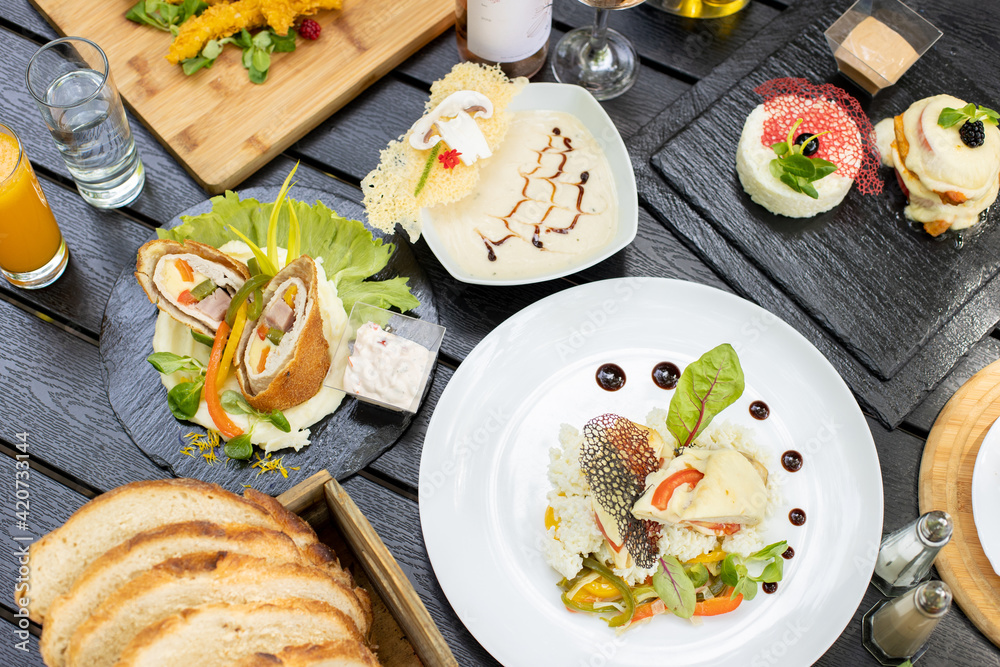 details of tasty brunch with chicken, tomato and desert details of tasty brunch with chicken, tomato and desert