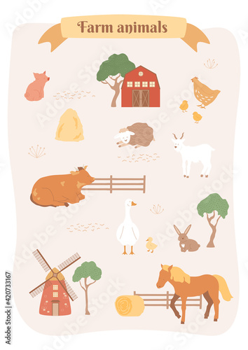 Domestic characters walk in the paddock on field. Wooden barn, fence, windmill, trees, grass and textures. Poster with animals set for kids, agriculture design. Ribbon with title. Abstract farm map