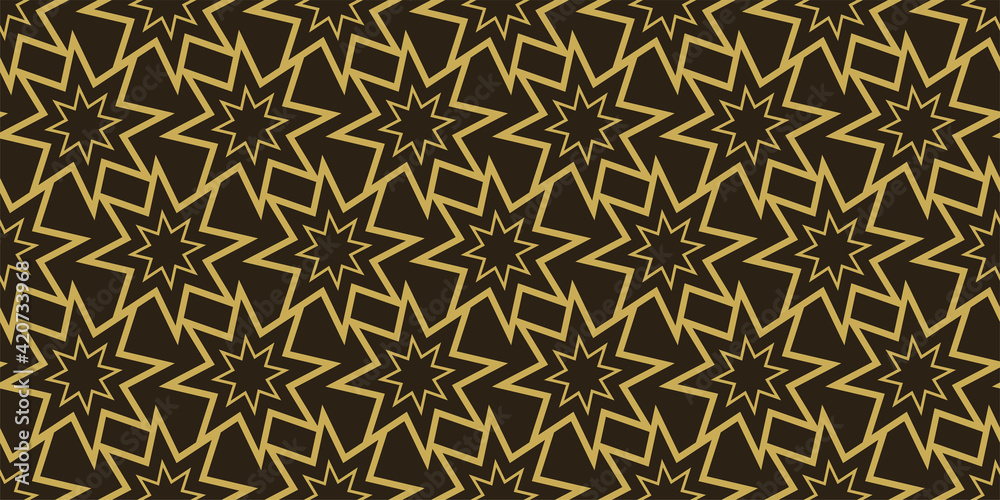 abstract background pattern with gold geometric ornament on a black background. Wallpaper texture for your design. Vector image