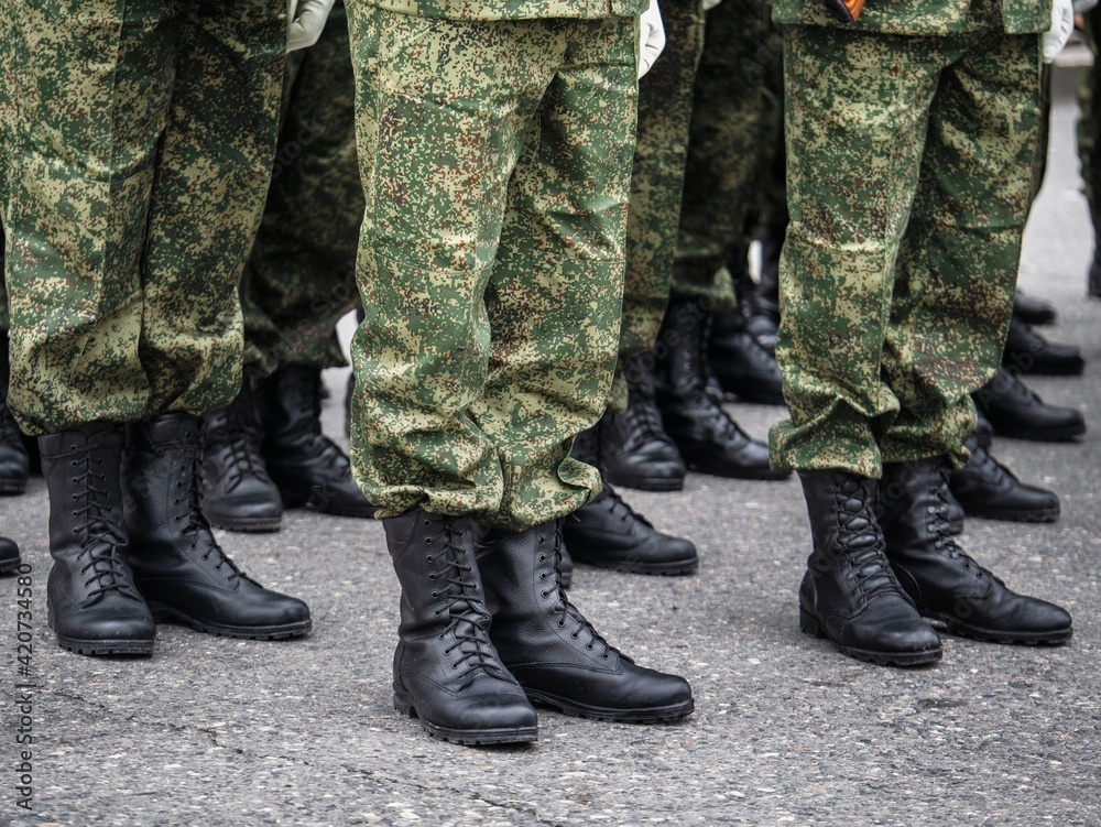 Detail of soldiers standing at attention during military ceremony.