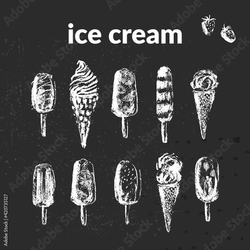 Hand drawn chalk ice cream cones and popsicles on grunge blackboard background