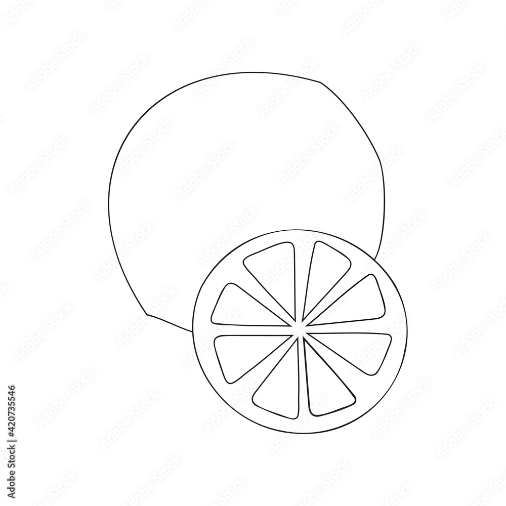 A black and white jpeg illustration of an orange with a slice isolated on white background. A design element for prints, backgrounds, as a coloring page for adults and kids. A black and white jpeg illustration of an orange with a slice isolated on white background. A design element for prints, backgrounds, as a coloring page for adults and kids.