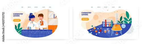 Chemistry lovers landing page design, website banner vector template set. Students conducting experiment in school lab.