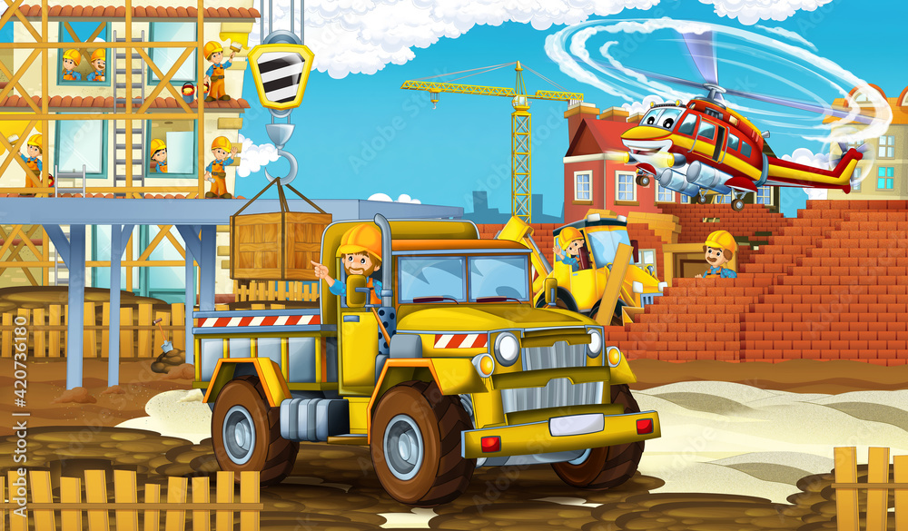 cartoon scene construction site cars and helicopter cartoon scene construction site cars and helicopter