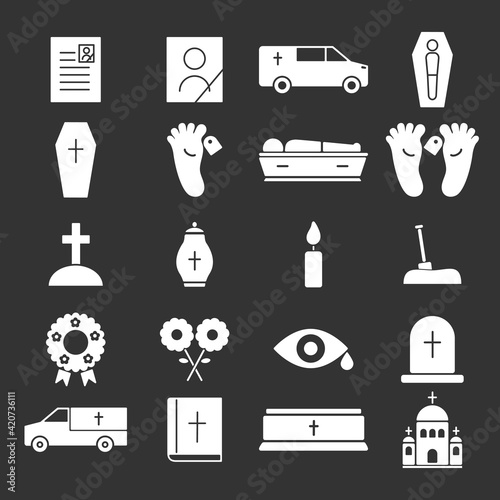 Funeral icon set. Burial elements silhouettes symbol collection. Flat style. Religion concept. Vector isolated 	