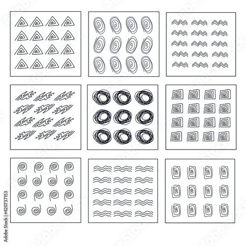 set of geometric elements in square frames, hand-drawn shapes, nine squares with different shapes, contour abstract illustration,