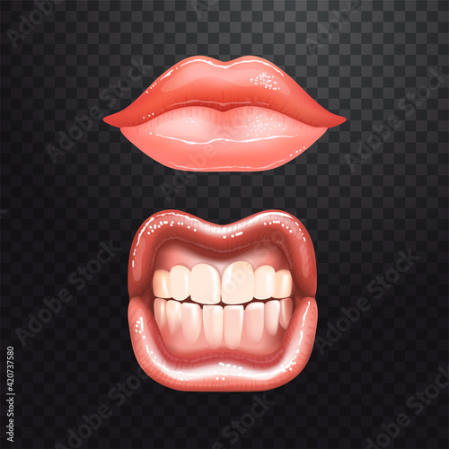 2 shining beautiful female nude lips with teeth for different designs. Pink lipstick color. Checkered transparent background. Realistic vector illustration.
