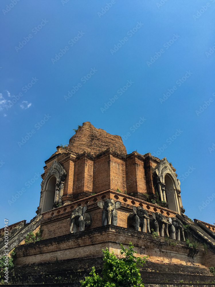 Side view of an ancient temple ruin in Chiang Mai, Thailand