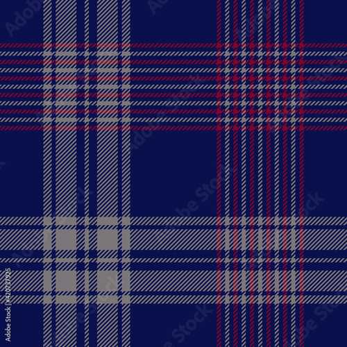 Tartan check plaid pattern in navy blue, red, grey. Seamless dark background vector graphic for flannel shirt, blanket, throw, duvet cover, other modern everyday autumn winter fashion fabric print.