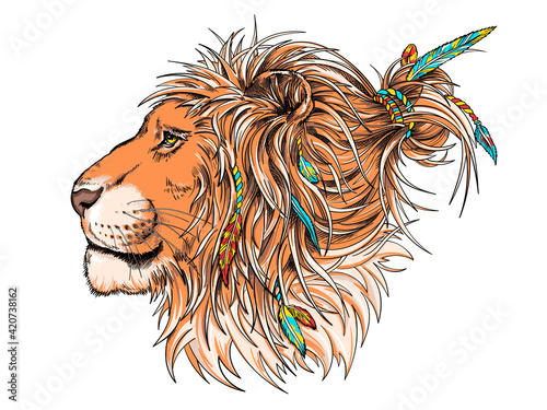 Beautiful lion head in boho style illustration. Illustration in a hand-drawn style. Wild animal with pigtails and feathers. Stylish image for printing on any surface
