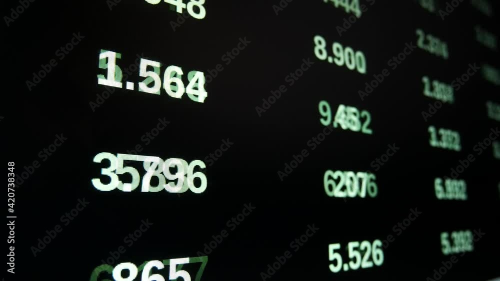 Perspective of green changing random numbers on a screen, zooming out. Black background. Useful concept for stock markets, big data, cloud computing, internet, coding, matrix, cyberspace