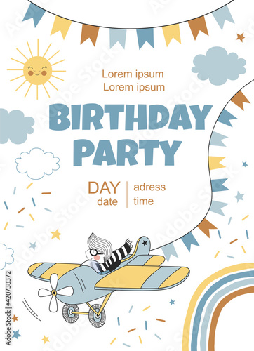 Little Boy Pilot in Airplane festal bunting flags vector illustration. Aviator Birthday Party invitation design. Cute cartoon boy kid character fly in retro plane in sunny sky invite card.