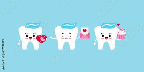 Teeth with gifts dental icon set isolated. Valentines day dentist cute white tooth character in love with heart, letter, cupcake. Flat design cartoon vector kids dentistry clip art illustration.