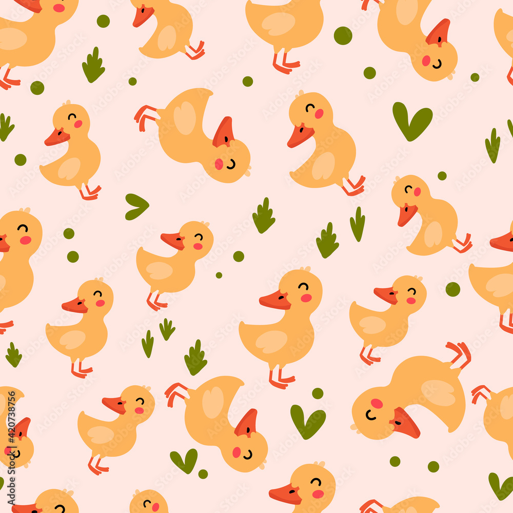 Seamless patter of Yellow little ducklings. Cartoon character drawn in doodle style. Design for baby clothes, posters, postcards Seamless patter of Yellow little ducklings. Cartoon character drawn in doodle style. Design for baby clothes, posters, postcards