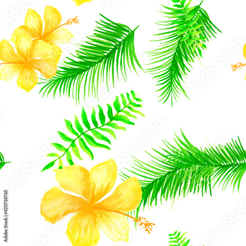 Natural Tropical Leaf. White Seamless Botanical. Green Pattern Hibiscus. Gray Flower Palm. Beige Spring Botanical. Yellow Decoration Foliage. Garden Design.