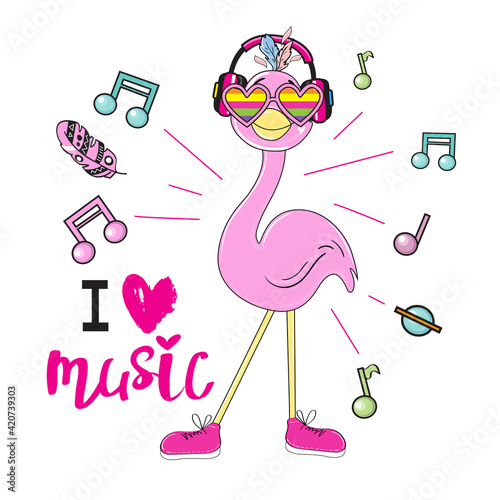 Cute summer stickers flamingo with headphones listening to music. Funny cartoon animals for t-shirt design, greeting card, baby shower. Vector illustration