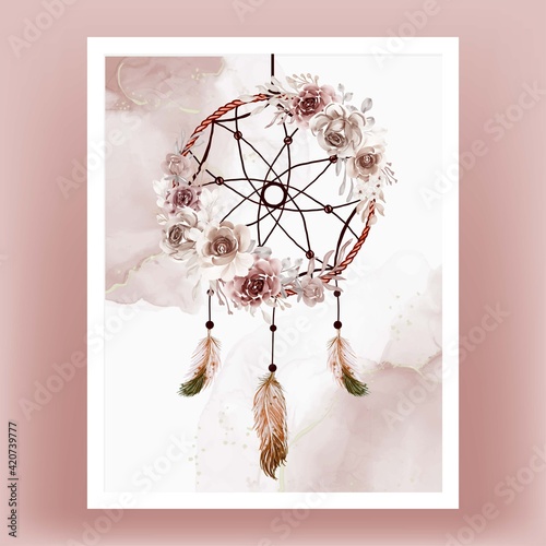 Watercolor dream catcher flower brown terracotta feather