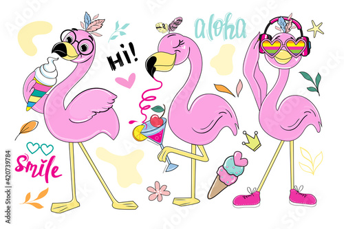 Set of summer flamingos stickers, leaves and lettering smile, aloha. Vector illustration of funny animals for t-shirt.