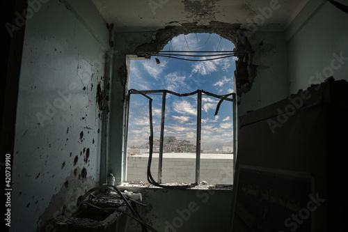 The window of a hospital destroyed by the war in Yemen
