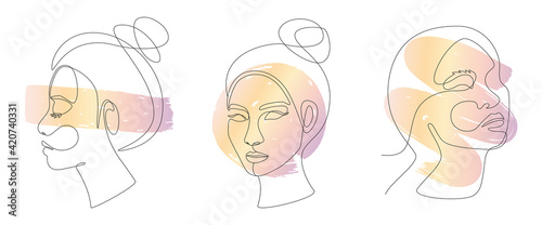 Set of Asian women faces in one line art style. Vector Continuous line drawing portrait with abstract gradient brush stroke for prints, tattoos, posters, emblems, cards and logo