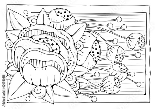 Coloring page for children and adults. Linear art. Floral black and white background for coloring.