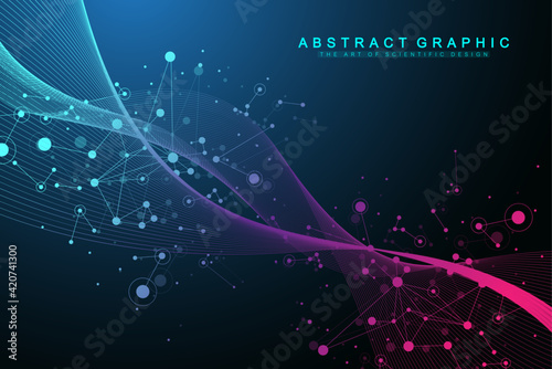 Digits abstract background with connected line and dots, wave flow. Digital neural networks. Network and connection background for your presentation. Graphic polygonal background. Vector illustration